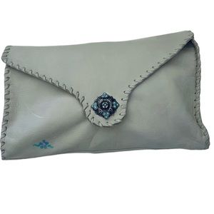 Meyers Vintage Made in USA Western cream leather silver & turquoise clutch bag